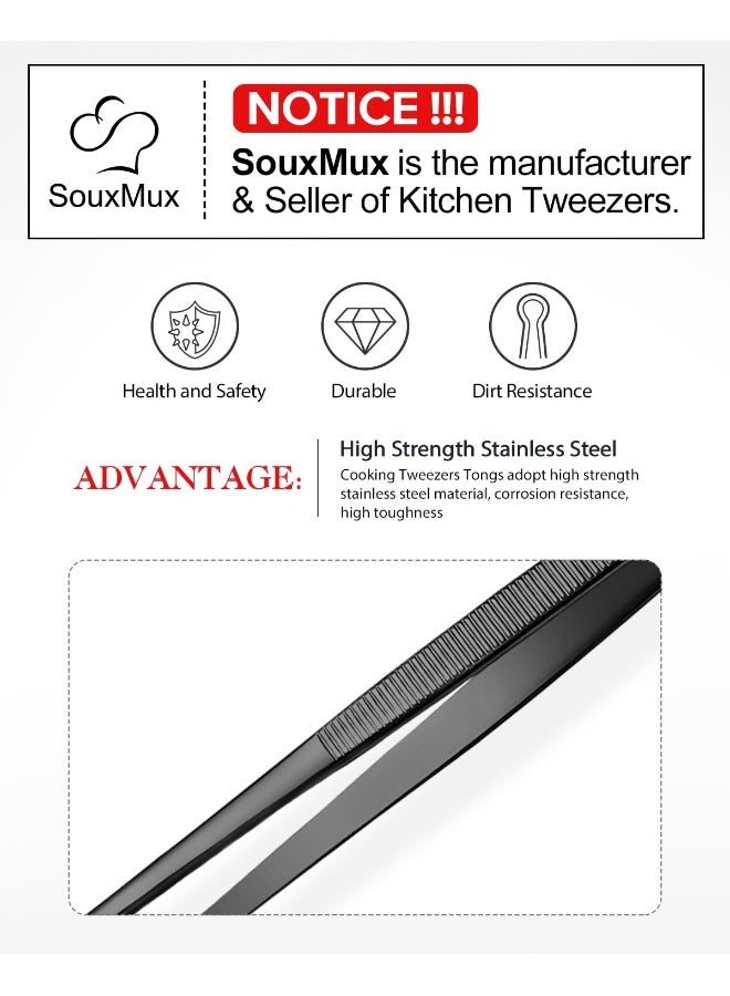 SouxMux 2 Pcs 12-inch Cooking Tweezers Tongs Precision Serrated Tips, Stainless Steel Professional Chef Tweezer Kitchen Tools for BBQ, Plating and Serving (Black) - Image 4